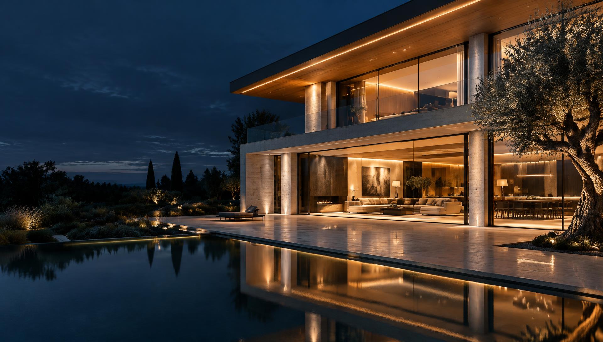 Contemporary luxury residence with warmly illuminated interiors and a reflecting pool